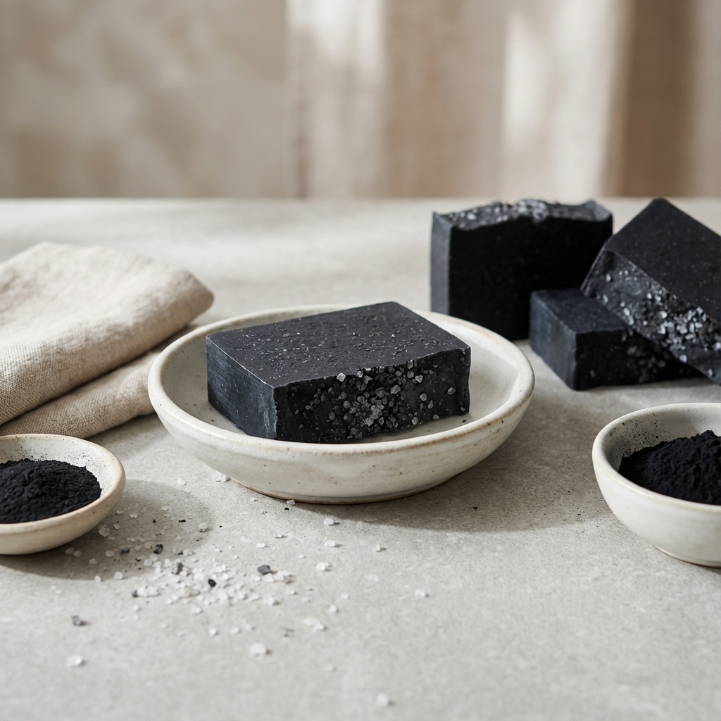 Minimalist flat lay of homemade charcoal detox soap bars on ceramic dishes, with bowls of activated charcoal powder, coarse salt crystals, and folded natural linen, styled for a natural, low-waste skincare setting.