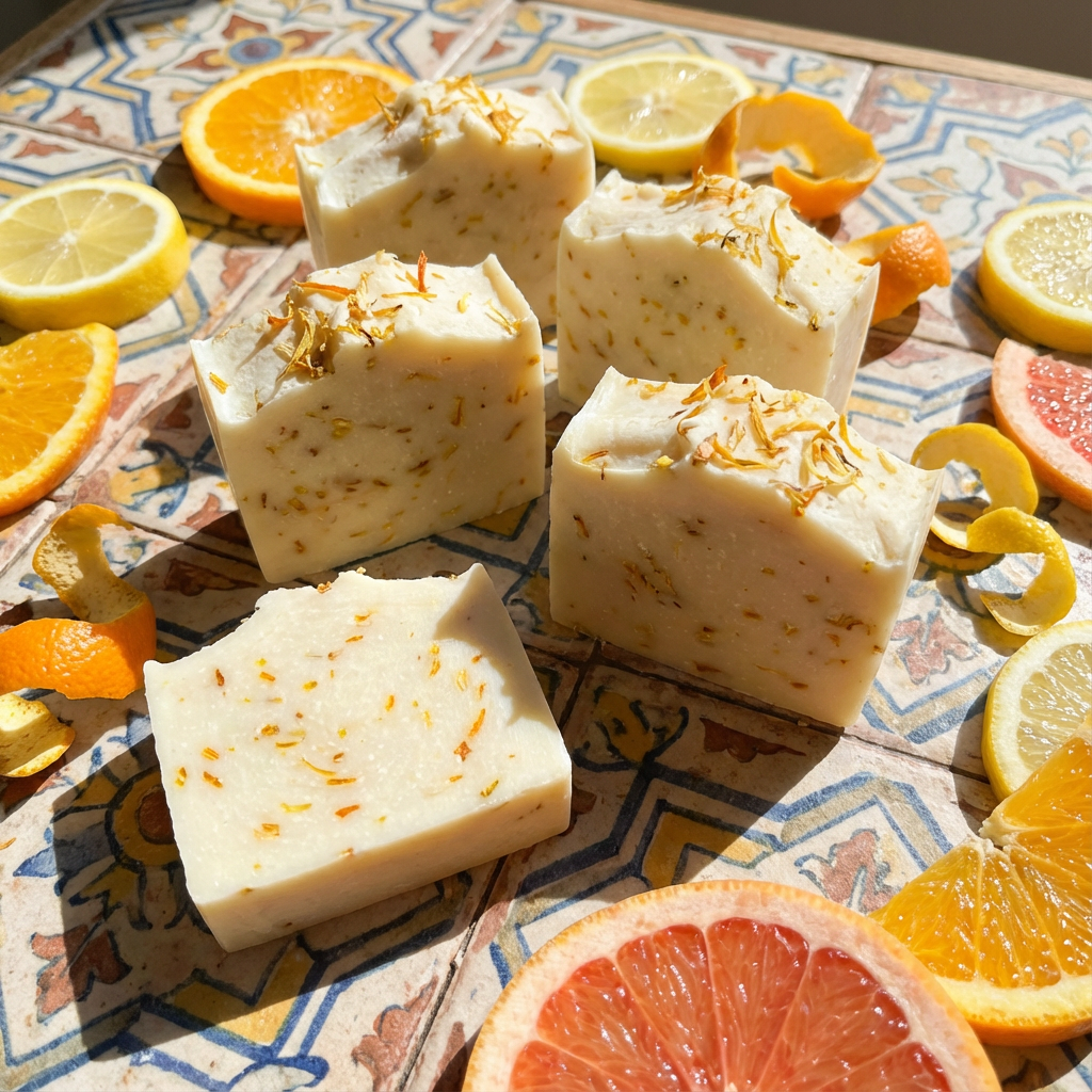 Handmade soap bars made with sea salt and citrus peel, showing bright orange and yellow flecks on a light surface in natural sunlight.