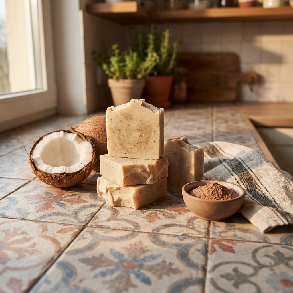 Handmade soap bars made with rhassoul clay and coconut milk, styled on a textured patterned surface with coconut and ceramic accents in warm natural light.