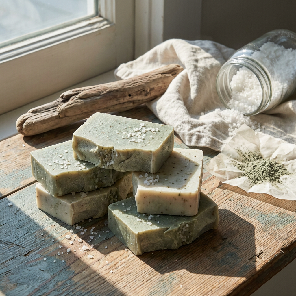 Handmade soap bars made with sea salt and French green clay, styled in a coastal apothecary setting with linen, driftwood, and natural sunlight.