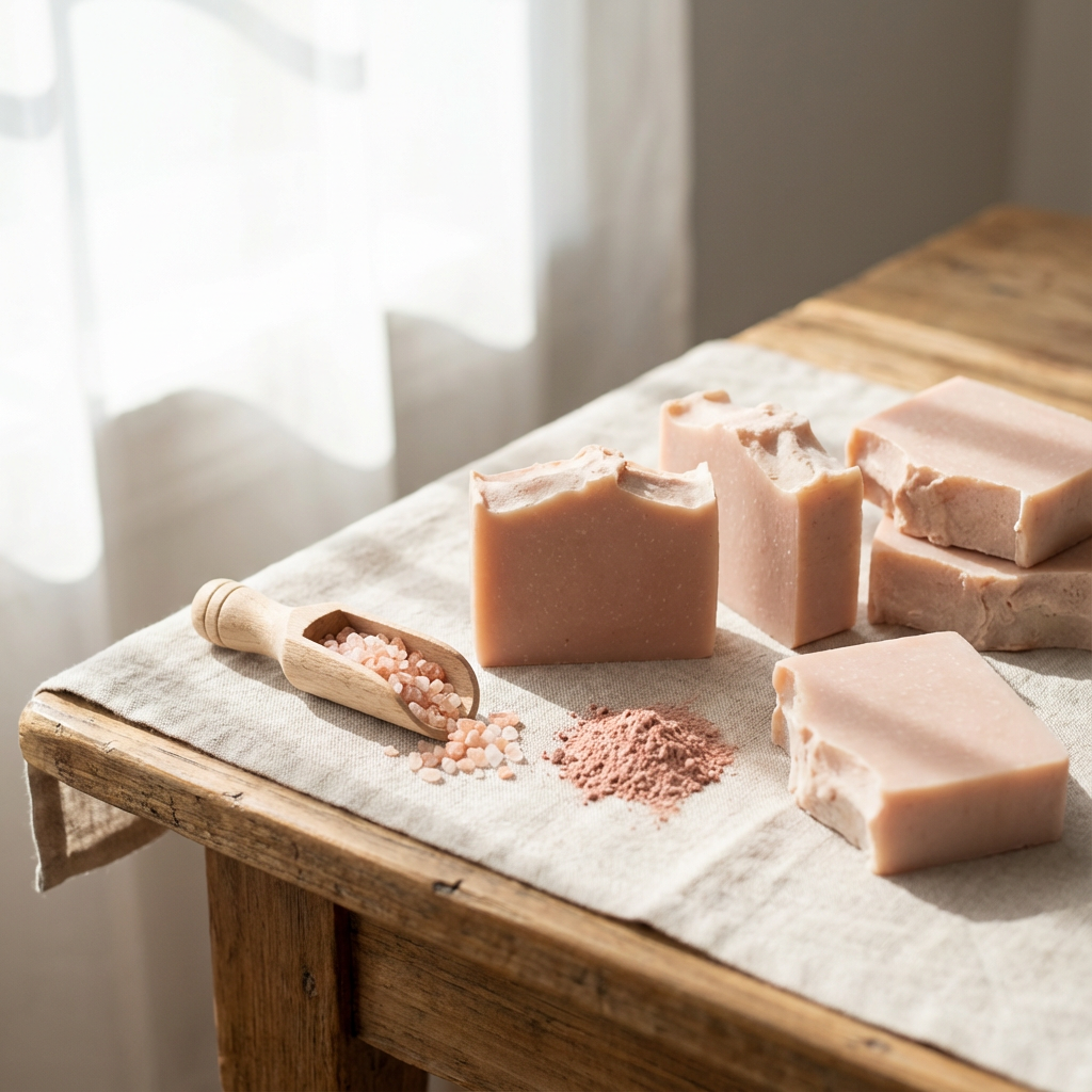 Handmade soap bars made with Himalayan pink salt and rose clay, shown in soft blush tones on a warm wooden surface with natural light.