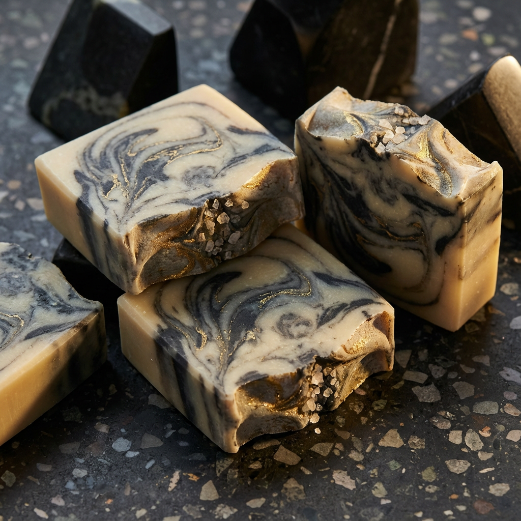 Marble swirl handmade soap bars with sea salt and subtle gold mica accents, shown in black and ivory tones on a dark textured surface.