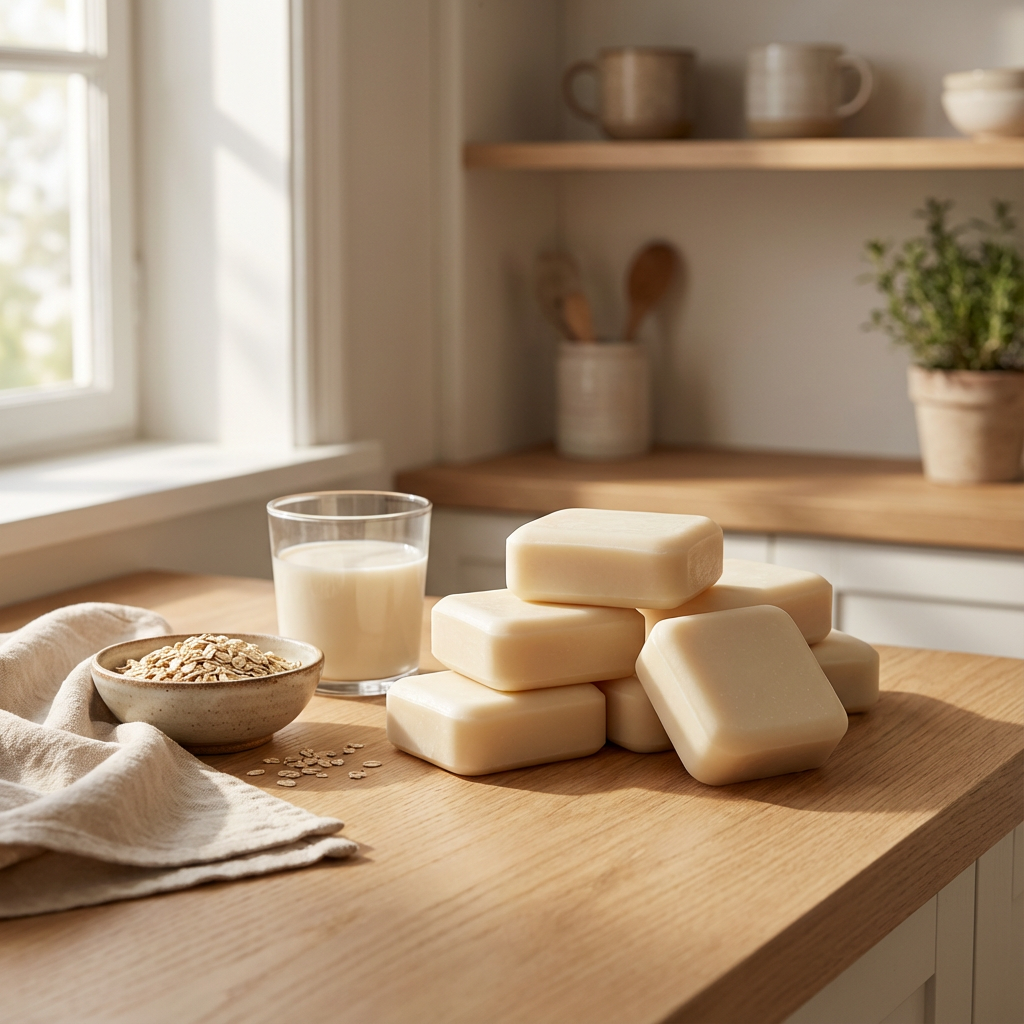 Handmade soap bars made with kaolin clay and oat milk, styled on a light wooden surface with oats and a small glass of oat milk in soft natural light.