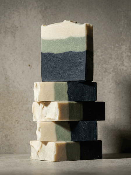 Layered handmade soap bars with white clay, green clay, and activated charcoal, showing clean horizontal stripes on a textured neutral background.