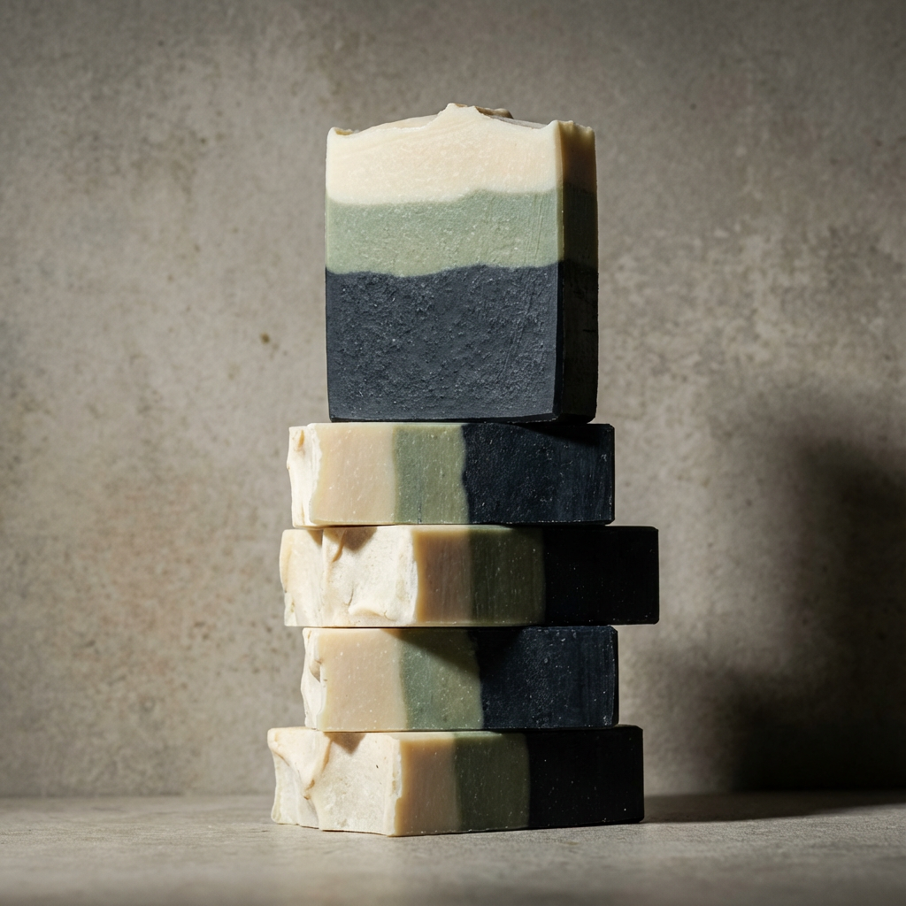 Layered handmade soap bars with white clay, green clay, and activated charcoal, showing clean horizontal stripes on a textured neutral background.