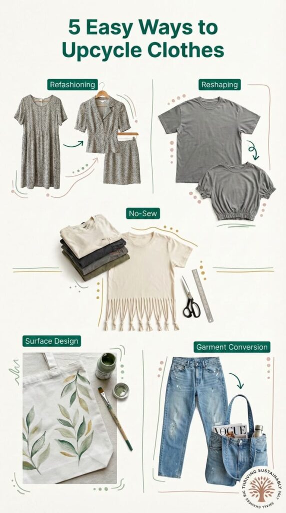 Infographic showing 5 easy ways to upcycle clothes, including refashioning a dress into a two-piece set, reshaping a t-shirt for a better fit, no-sew fringe t-shirt projects, surface design with fabric paint on a tote bag, and garment conversion turning jeans into a denim tote bag.