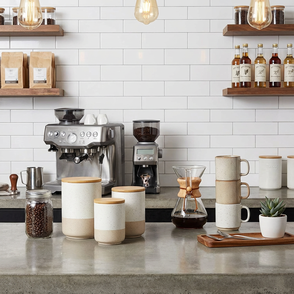 Coffee bar with ceramic canisters.