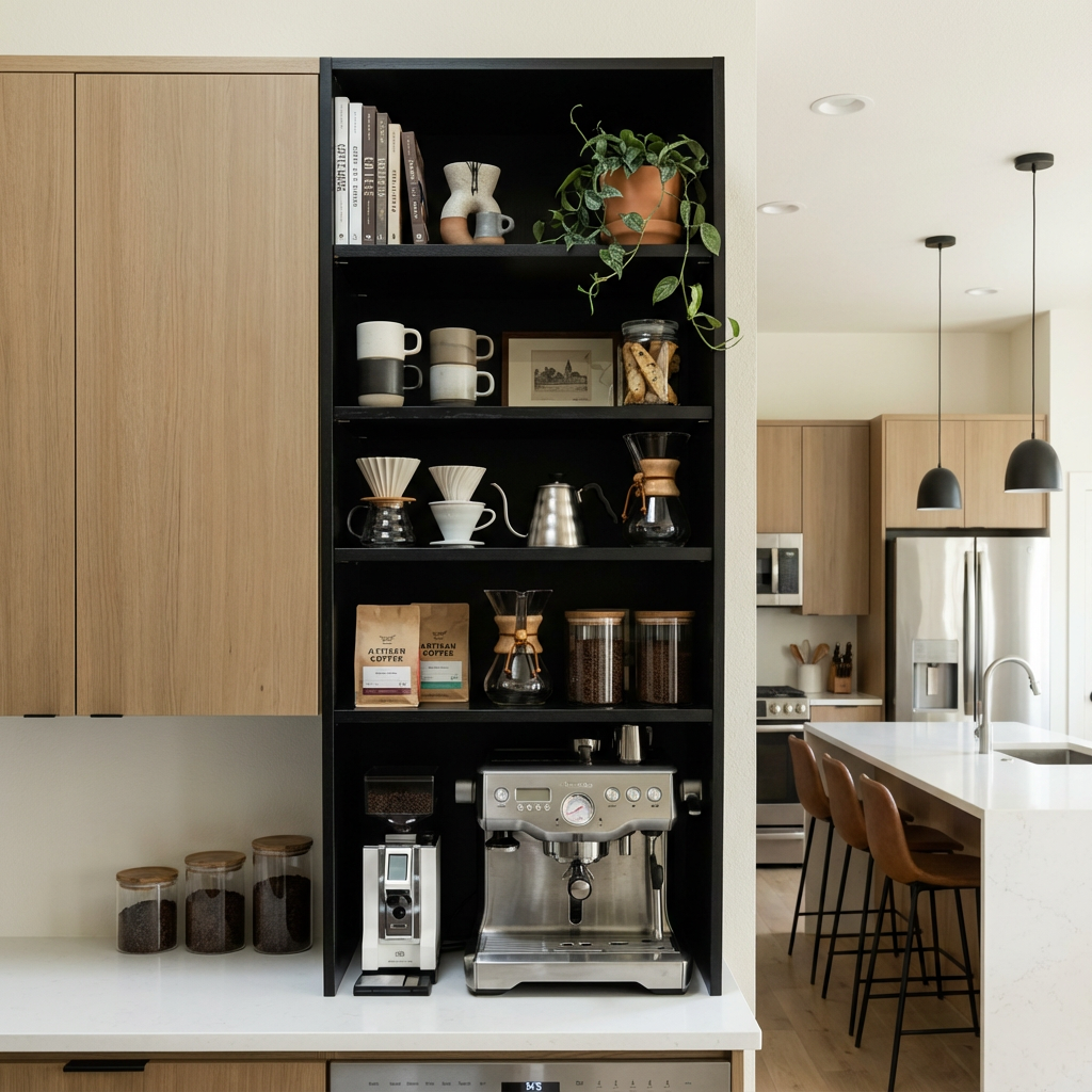 Modern built-in coffee bar with black open shelving, stainless steel espresso machine, glass coffee jars, ceramic mugs, pour-over brewers, and a trailing plant, set within a minimalist wood kitchen.