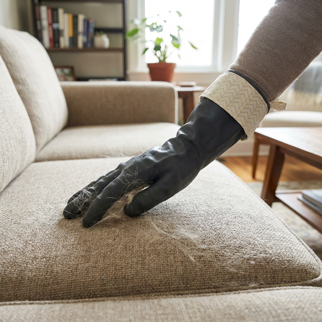 A person cleaning dog hair off of a couch with black cleaning gloves.