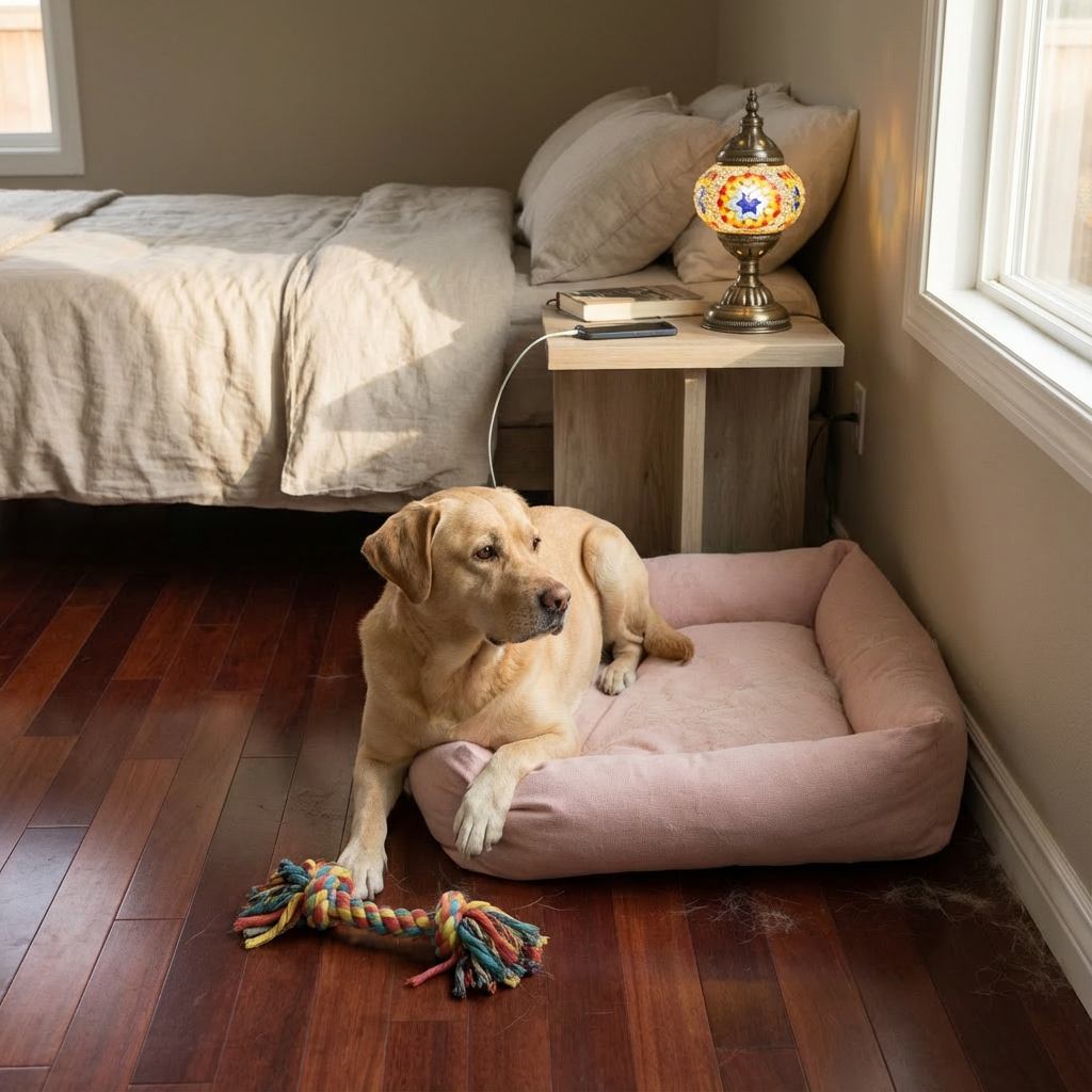 Yellow Labrador on pink dog bed with a toy in the bedroom next to a bed and nightstand. 