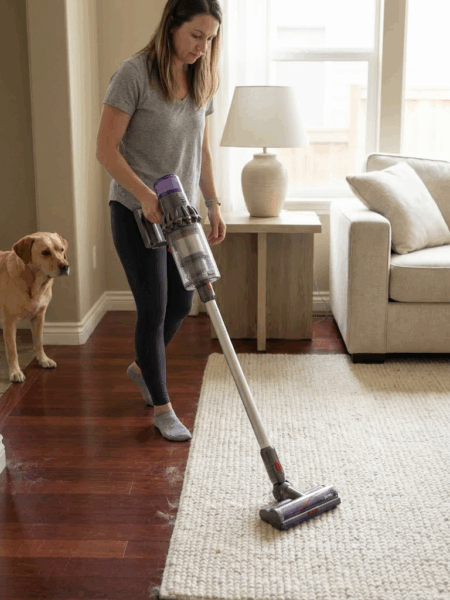 Woman vacuuming pet hair from a light rug with a cordless vacuum in a living room with dark wood floors, while a yellow Labrador watches nearby.