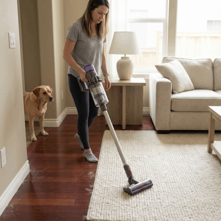 Woman vacuuming pet hair from a light rug with a cordless vacuum in a living room with dark wood floors, while a yellow Labrador watches nearby.
