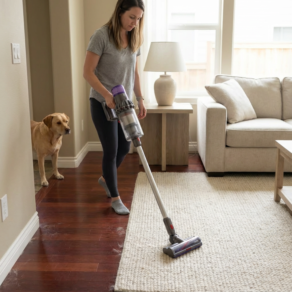 Woman vacuuming pet hair from a light rug with a cordless vacuum in a living room with dark wood floors, while a yellow Labrador watches nearby.
