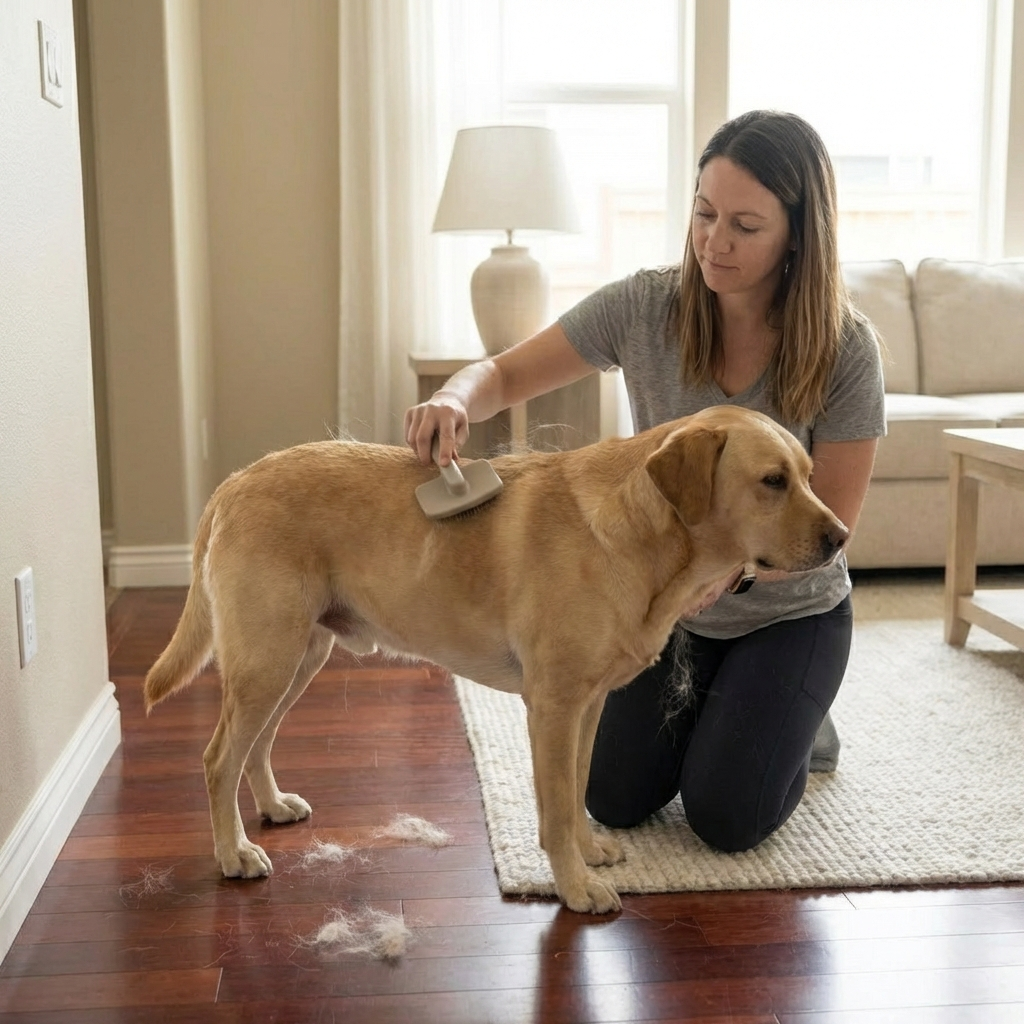 Woman brushing a yellow Labrador indoors with loose pet hair falling onto dark cherry wood floors in a bright living room.