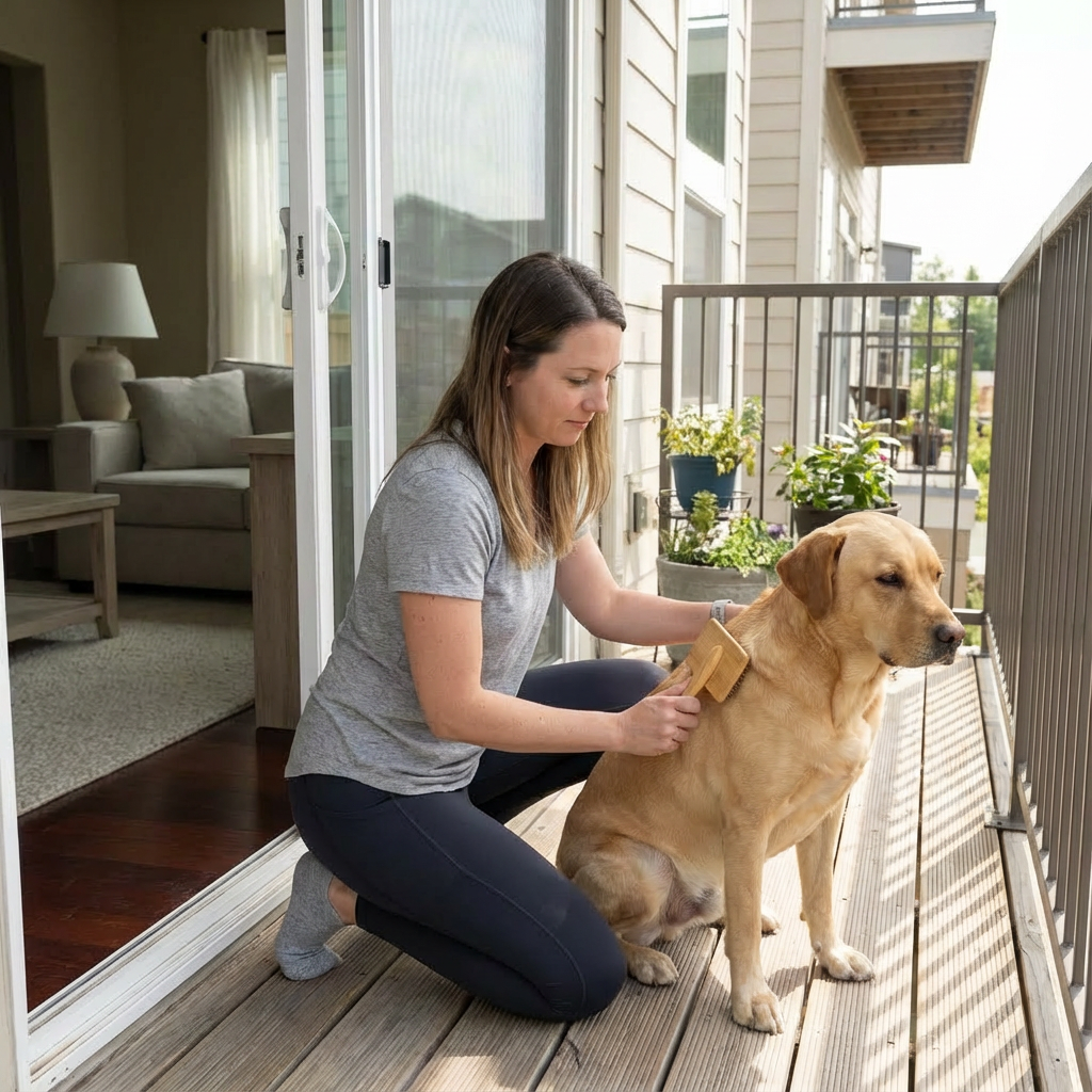 Woman on her balcony brushing her yellow lab's dog hair with a bamboo brush.