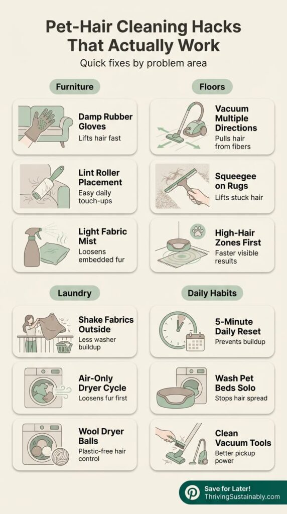 Infographic showing pet-hair cleaning hacks organized by problem area, including furniture, floors, laundry, and daily habits, with illustrated tips like damp rubber gloves, vacuuming in multiple directions, wool dryer balls, and a 5-minute daily reset.