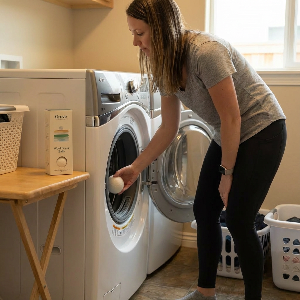 Woman putting a wool dryer ball into her dryer in the laundry room.