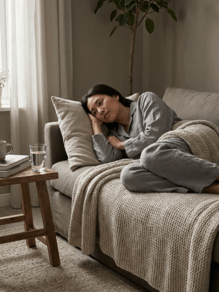 Girl laying on couch with a blanket and a wooden stool close by with books and drinks. This is a part of self-care inspo.