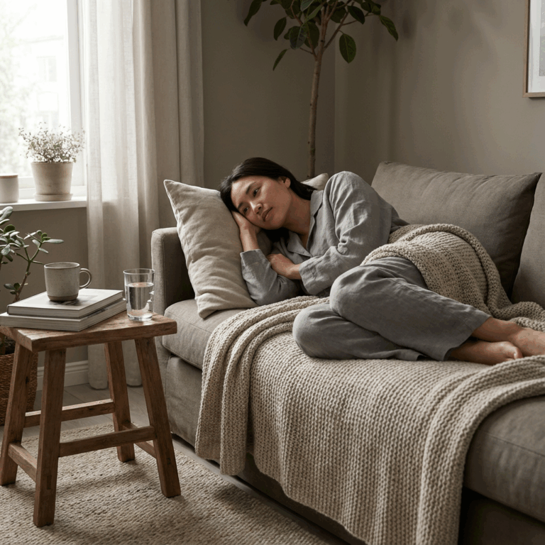 Girl laying on couch with a blanket and a wooden stool close by with books and drinks. This is a part of self-care inspo.