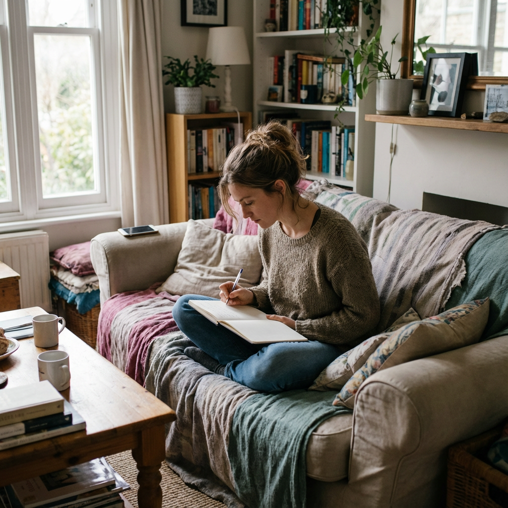 Girl writing in journal ideas on self-care inspo siting on her couch.
