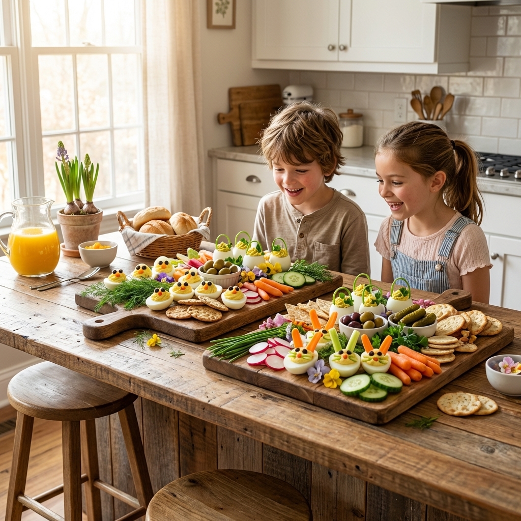 A boy and a girl are sitting at a kitchen island in front of 2 charcuterie boards with Easter-themed deviled eggs. 