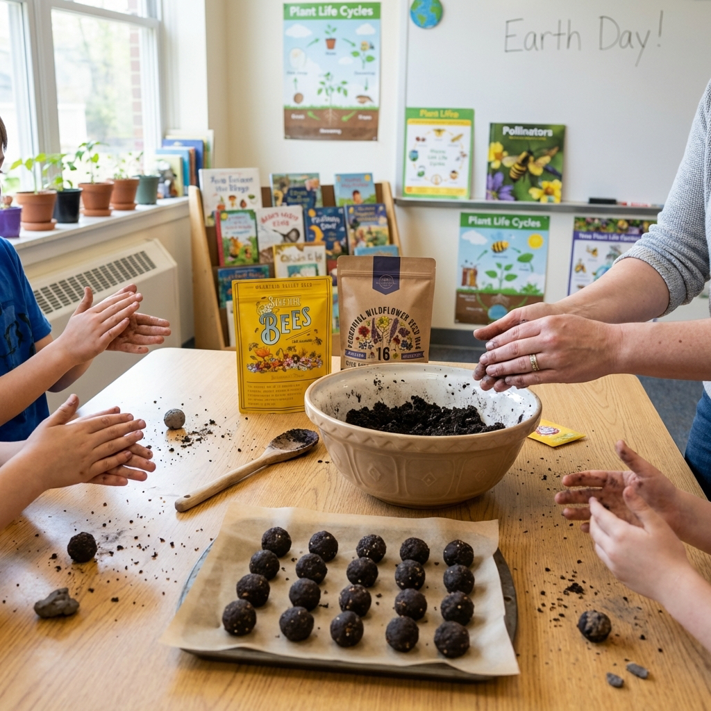 Children rolling pollinator wildflower seed balls from soil and clay at a classroom table during an Earth Day planting activity.