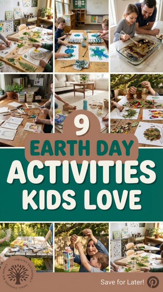 Colorful Pinterest collage showing kids doing Earth Day activities like nature crafts, painting, planting, and outdoor play with bold text “9 Earth Day Activities Kids Love” and website ThrivingSustainably.com and tree logo at the bottom.