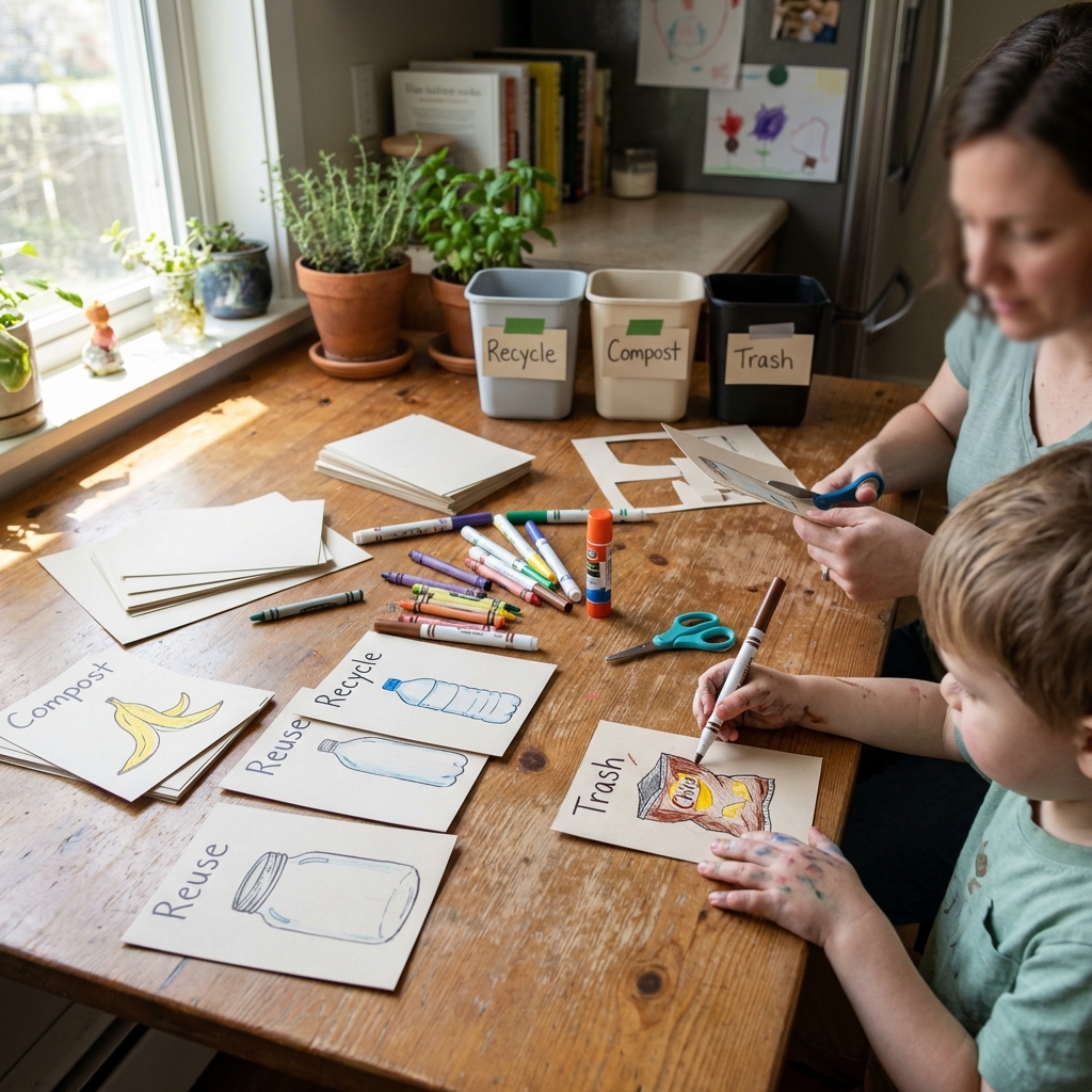 Child coloring handmade Earth Day recycling sorting cards at a kitchen table, with drawings of items like a banana peel and plastic bottle labeled compost, recycle, and trash for a kids learning activity.