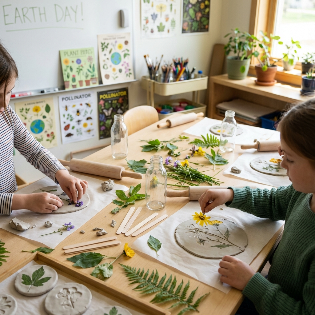 Children lifting a flower from flattened clay to reveal a detailed flower imprint during an Earth Day clay nature craft activity in a classroom.