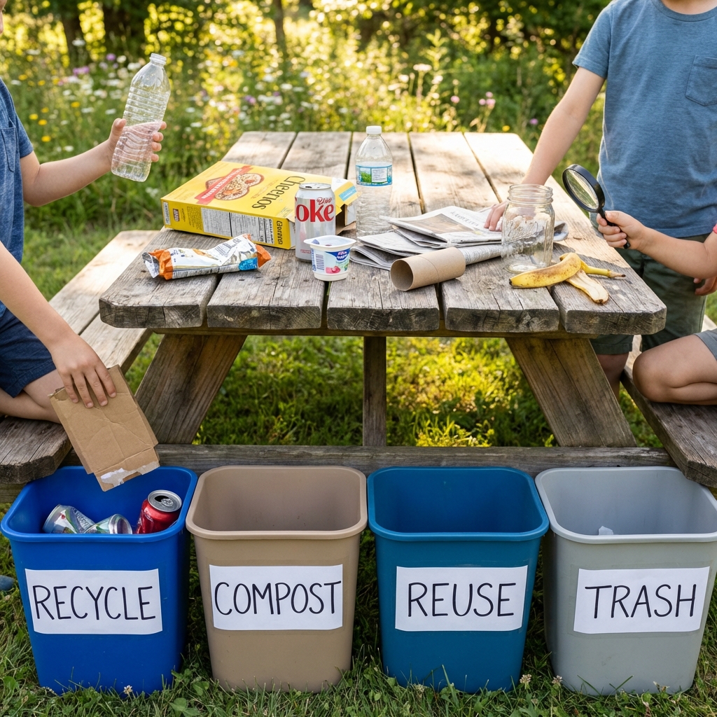 Children sorting household waste items into large labeled bins for recycle, compost, reuse, and trash during an outdoor Earth Day recycling activity at a picnic table.