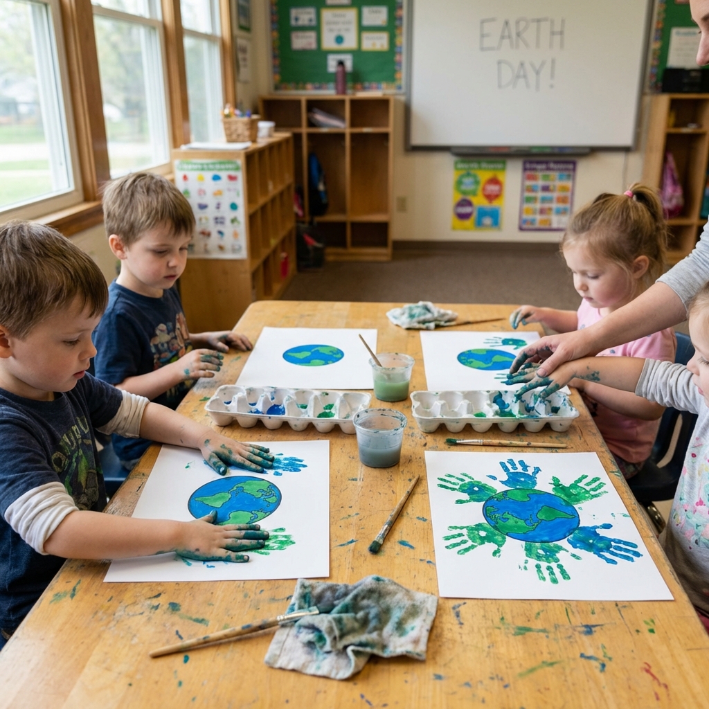 Child creating Earth Day artwork with blue and green handprints placed around a printed globe on paper in a classroom.