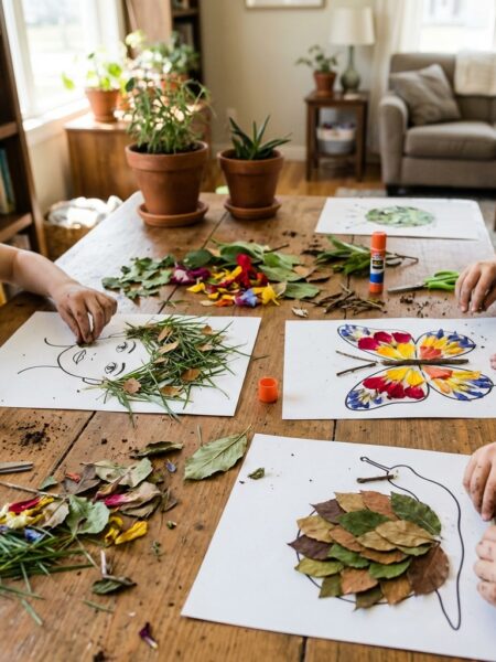 Children decorating printed templates with leaves, flowers, and natural materials to create nature art, including a face with leaf hair and a butterfly with petal wings.