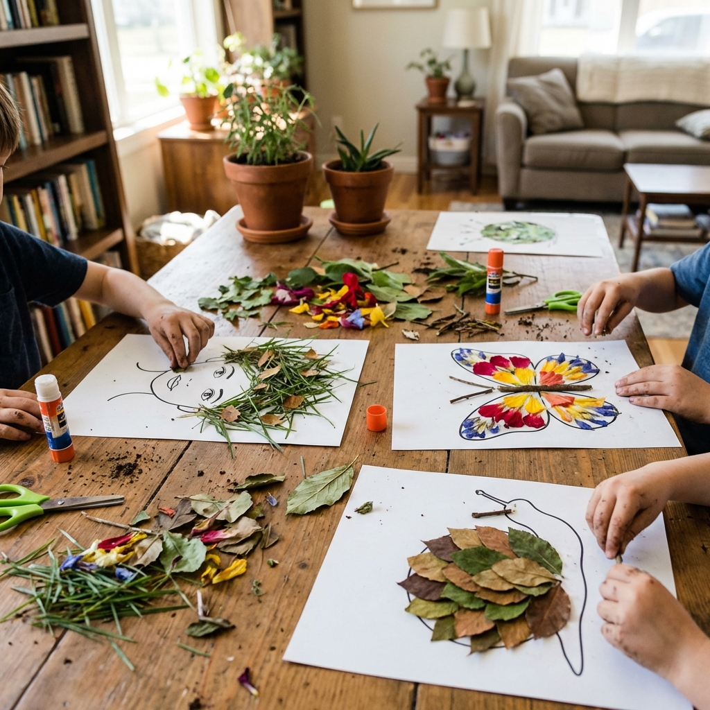 Children decorating printed templates with leaves, flowers, and natural materials to create nature art, including a face with leaf hair and a butterfly with petal wings.
