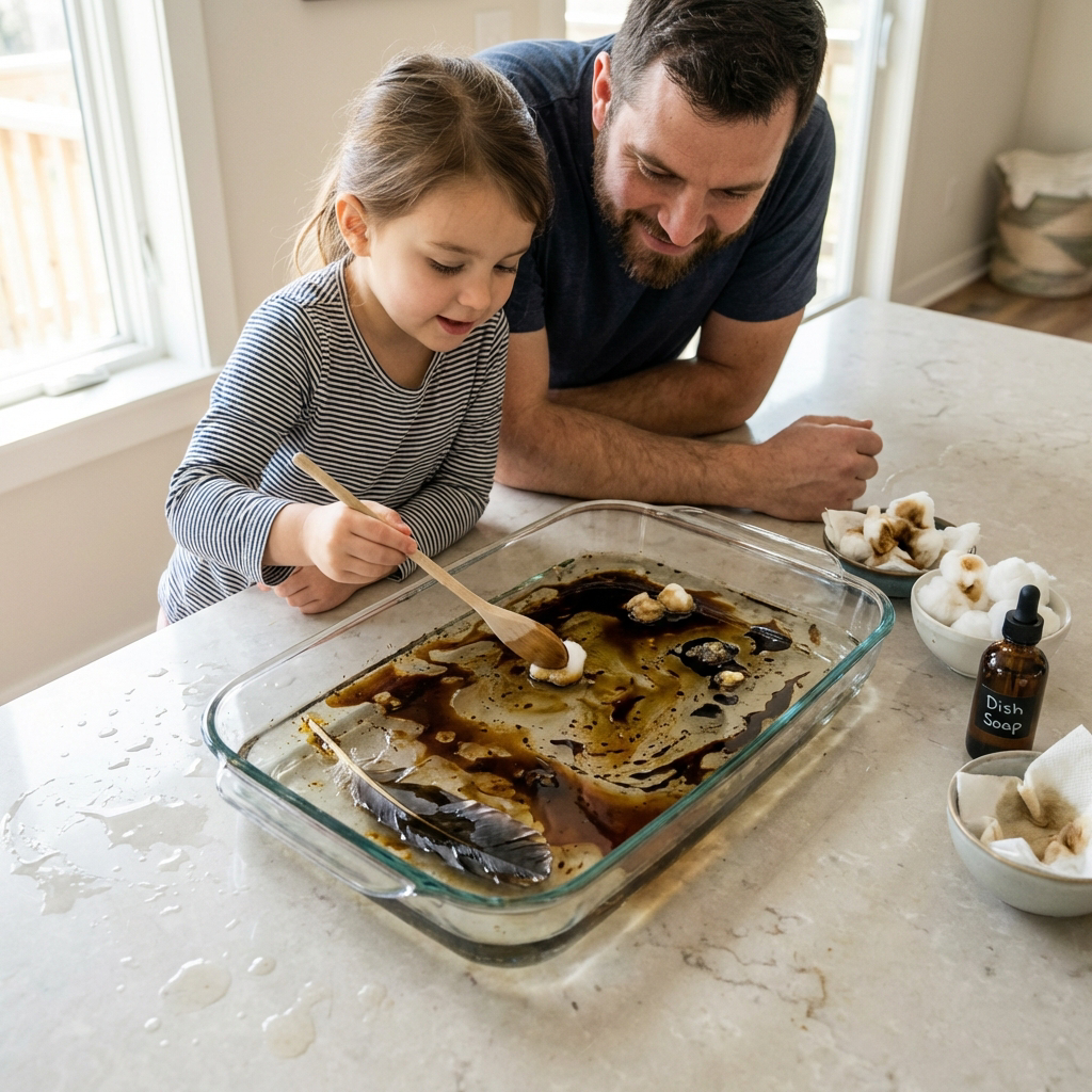 Father and daughter conducting an oil spill experiment at a kitchen island, using cotton balls and a wooden spoon to remove swirling oil from the surface of water in a glass dish.