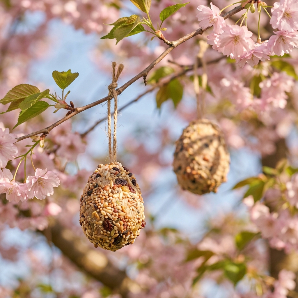 Two bird feeder Easter eggs made with birdseed hanging from twine on branches of a blooming cherry blossom tree in soft spring sunlight.