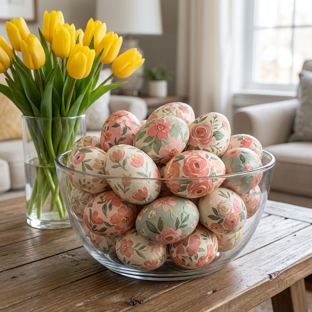 Easter Egg Ideas: Decoupage eggs in a large glass bowl sitting on a table next to yellow tulips.