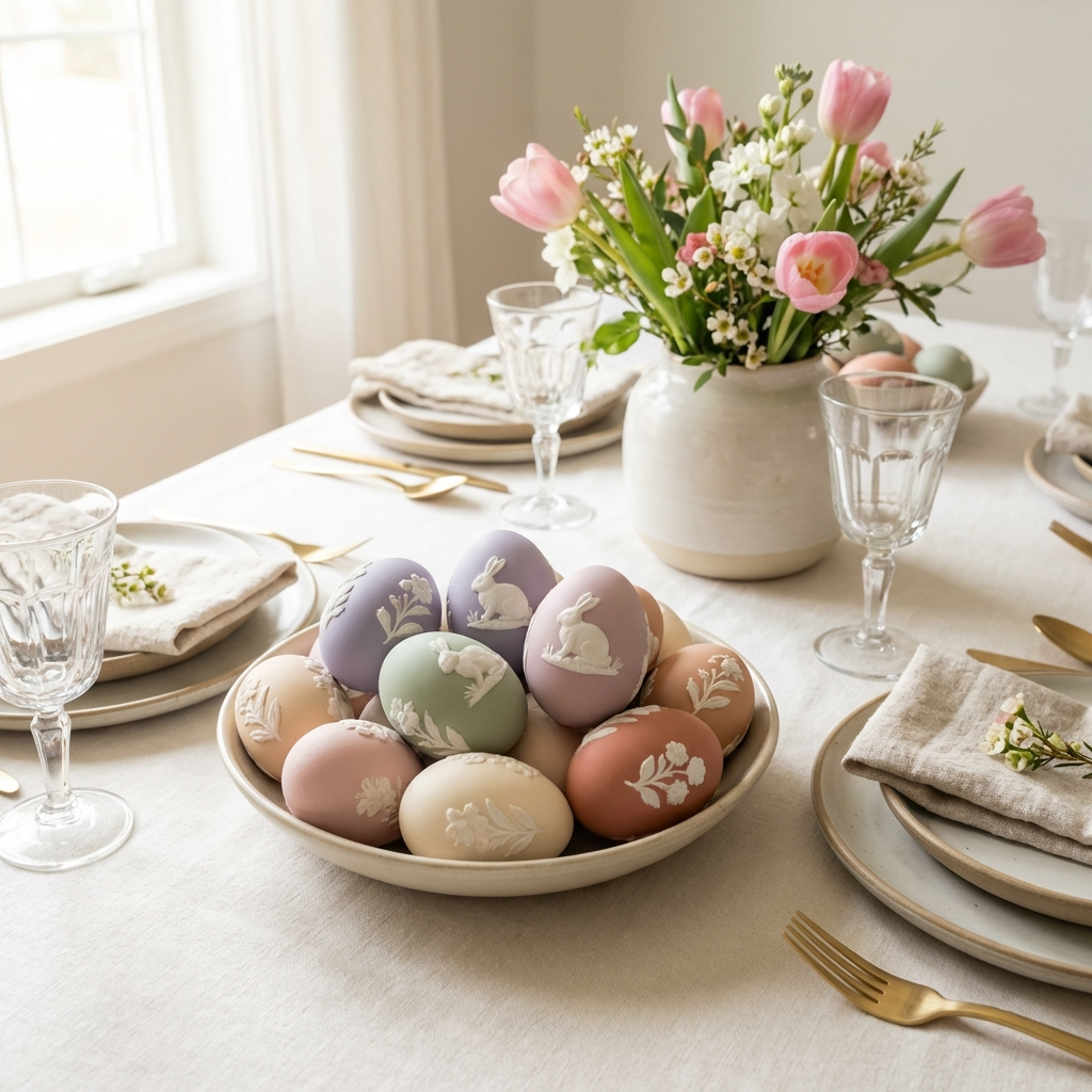 Pastel jasperware-style Easter eggs with raised white designs arranged at the center of a beautifully set Easter dining table with flowers, plates, and glassware.