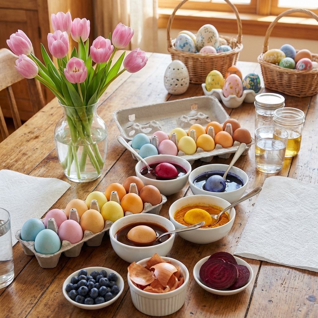 Naturally dyed Easter eggs in soft pastel colors arranged on a wooden table with bowls of natural dye ingredients and pink tulips in the background, creating a cozy spring kitchen scene.