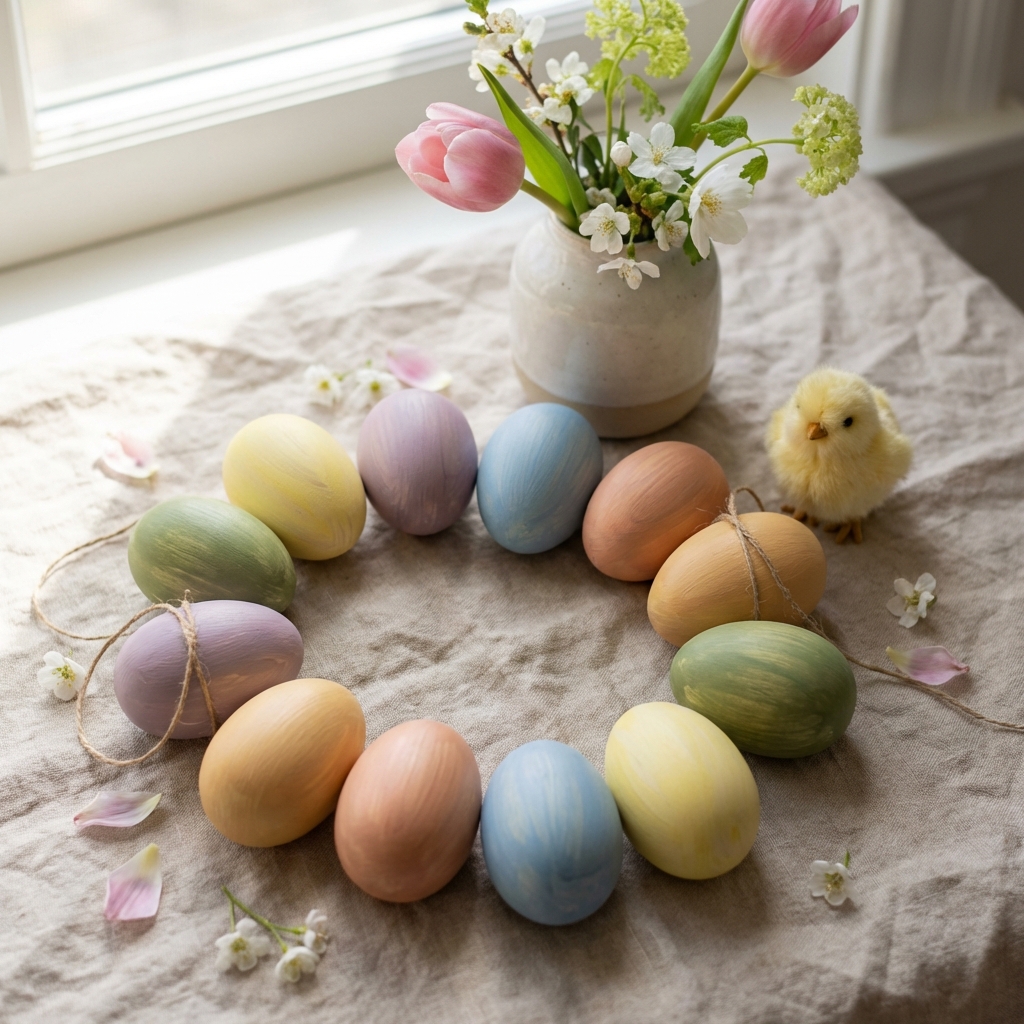 Hand-painted wooden Easter eggs with visible wood grain in soft pastel colors arranged on fabric with a small yellow Easter chick and a spring flower arrangement in the background.