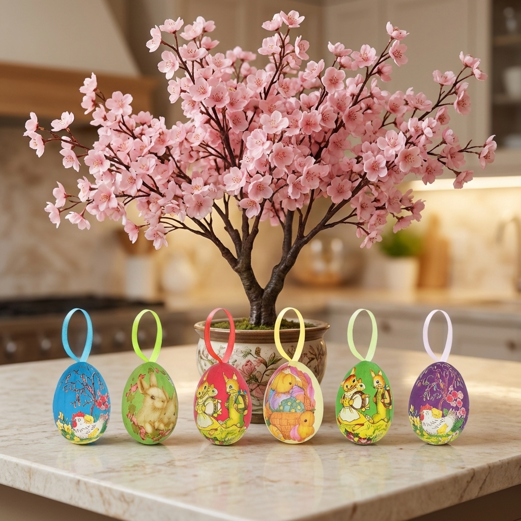 Paper Mache Foam Eggs in front of a cherry tree sitting on a kitchen counter. 