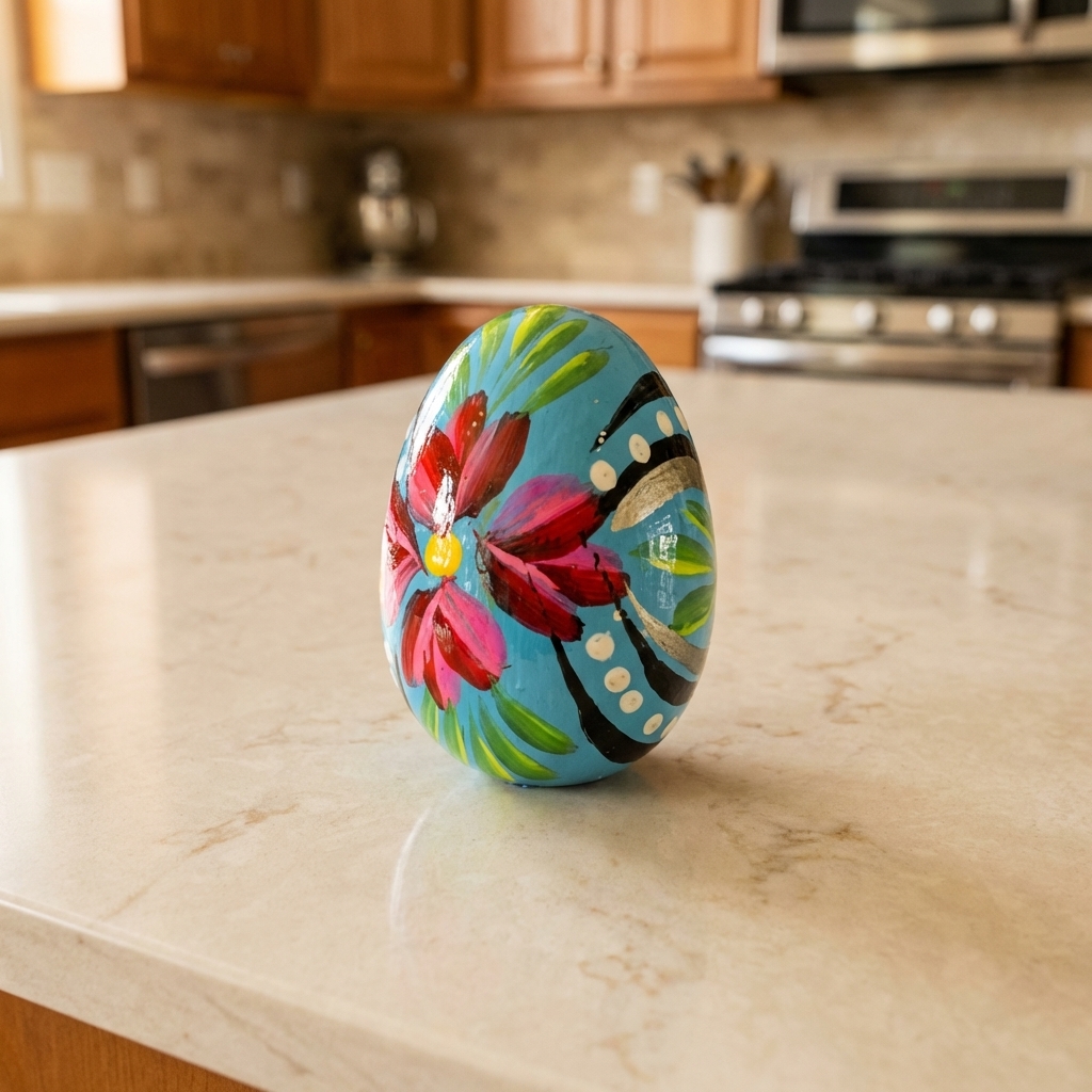 Polish Wood blue Egg with a red flower sitting on a kitchen island. 