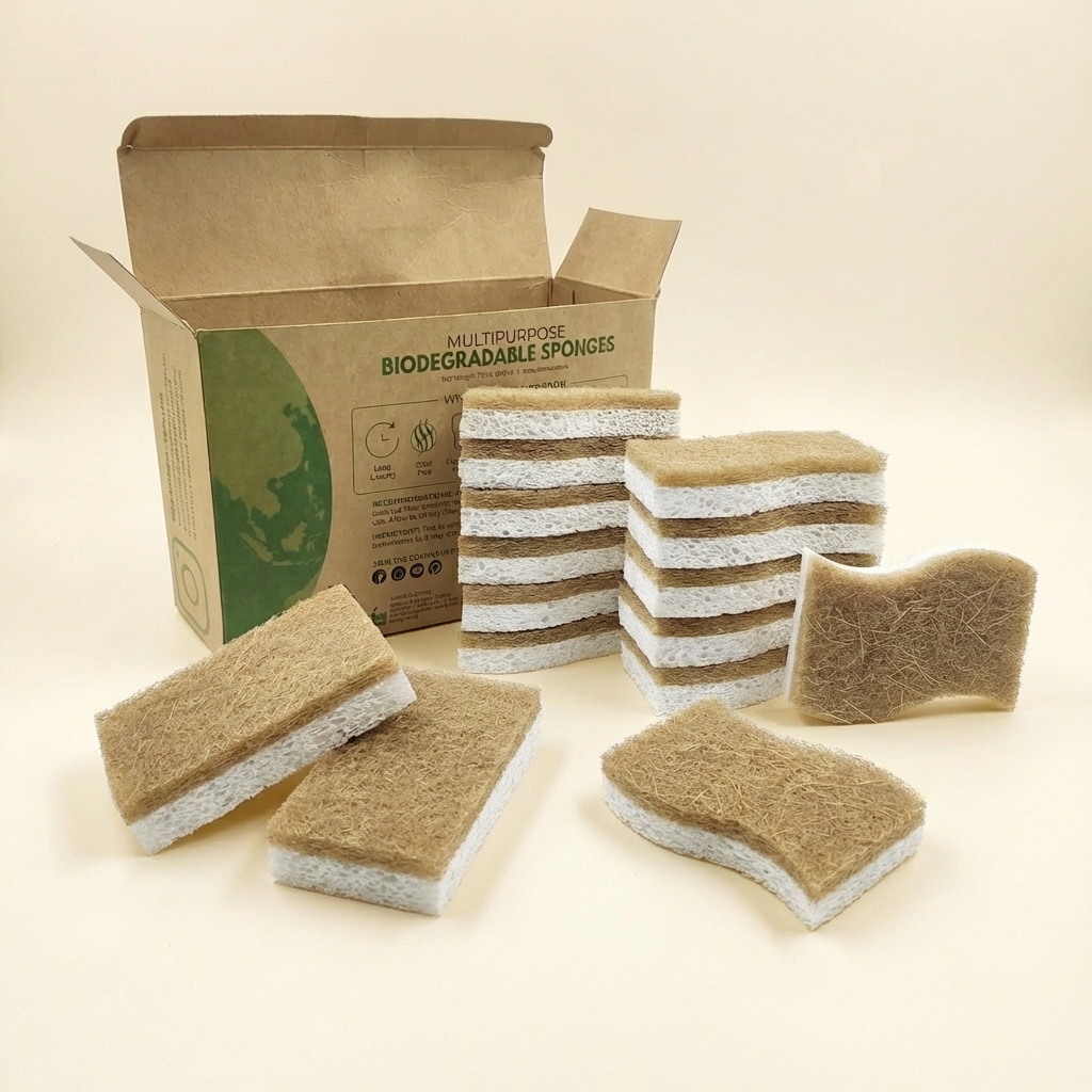 Sponges next to a box. AIRNEX Biodegradable Natural Kitchen Sponge