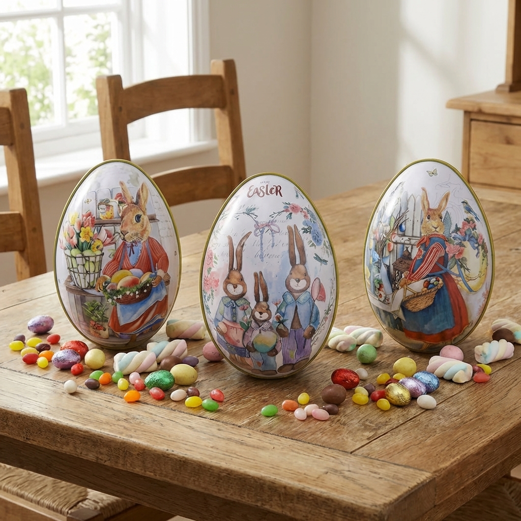 3 Tin Easter Eggs sitting on a table with candy around them.