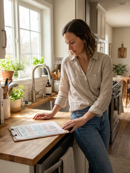 Woman in a kitchen looking at a printed spring cleaning checklist on the counter, planning tasks in a bright, lived-in kitchen with natural light and organized items.
