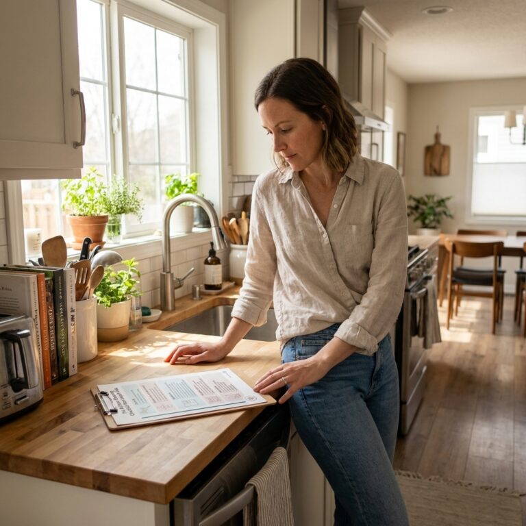 Woman in a kitchen looking at a printed spring cleaning checklist on the counter, planning tasks in a bright, lived-in kitchen with natural light and organized items.