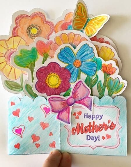 Mothers Day Popup Coloring Card pop up card folded min