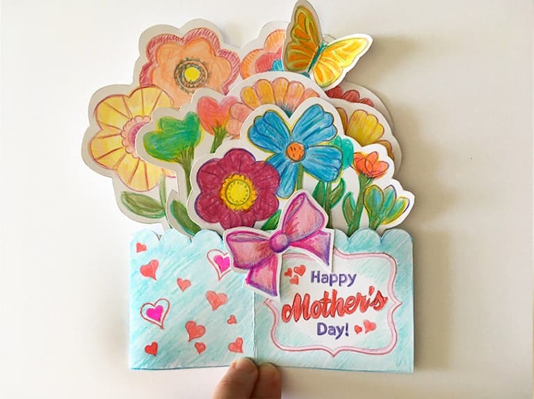 Mothers Day Popup Coloring Card pop up card folded min