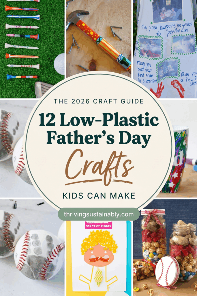 A Pinterest collage pin titled "12 Low-Plastic Father's Day Crafts Kids Can Make," showing hand-colored golf tees, a painted monogrammed hammer, handprint baseballs, a decorated grill apron, a pasta portrait of dad, and treat-filled mason jars