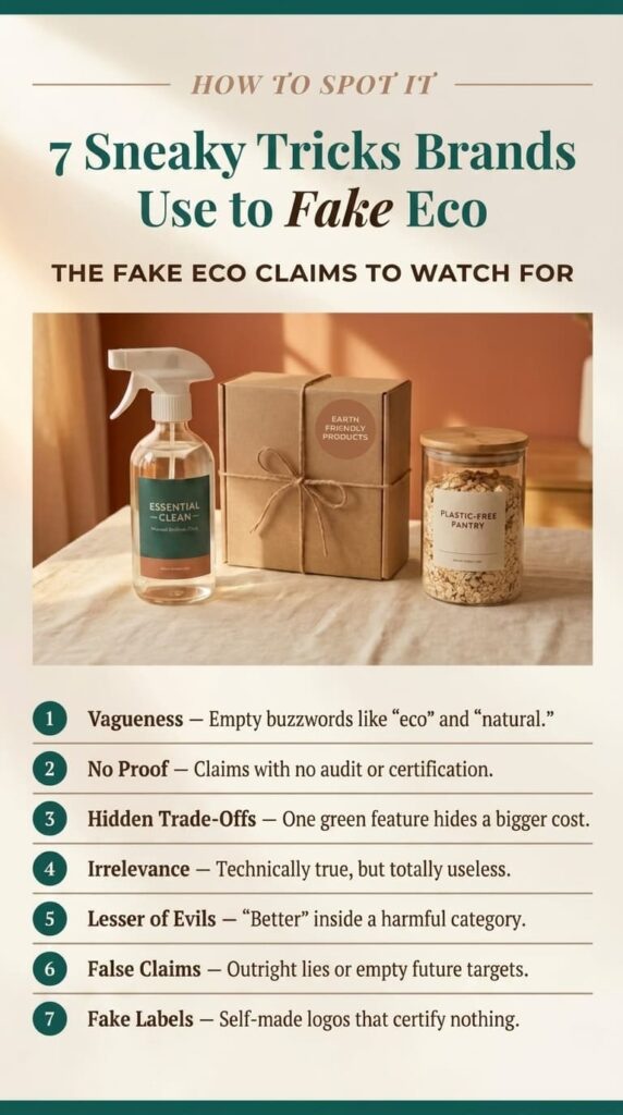 How to spot greenwashing infographic showing the 7 most common tactics: vagueness, no proof, hidden trade-offs, irrelevance, lesser of evils, false claims, and fake labels