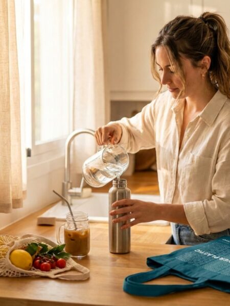 How to Reduce Plastic Use Pulling a reusable stainless steel water bottle out of a canvas tote on a cluttered kitchen counter, showing a real moment of reducing plastic use